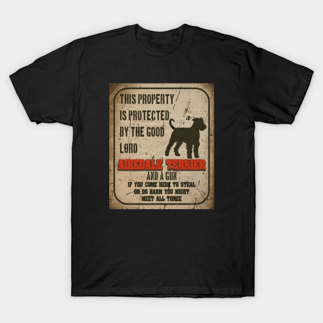 Airedale terrier Silhouette Vintage Humorous Guard Dog Warning Sign T-Shirt by Sniffist Gang